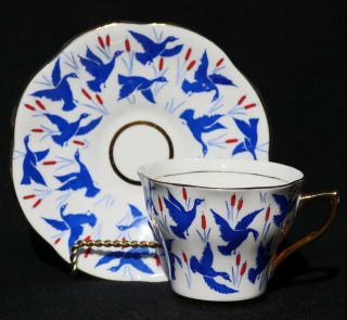 TEA CUP AND SAUCER ROSINA BLUE DUCKS WATERFOWL CATTAILS 5340 VINTAGE ENGLAND 3