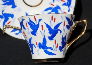 TEA CUP AND SAUCER ROSINA BLUE DUCKS WATERFOWL CATTAILS 5340 VINTAGE ENGLAND 4