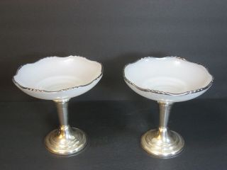 Frank Whiting Pair/2 Sterling Silver Compote/dishes W White Fenton Glass Bowl 6 "