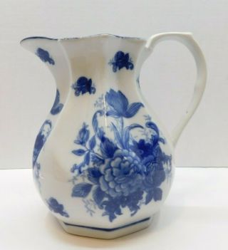 Vintage Ironstone Blue & White Signed Pitcher Floral 7.  5 " Tall