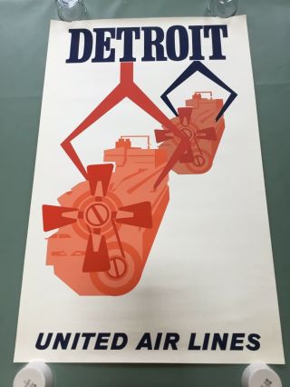 Vintage United Air Lines Detroit Travel Poster