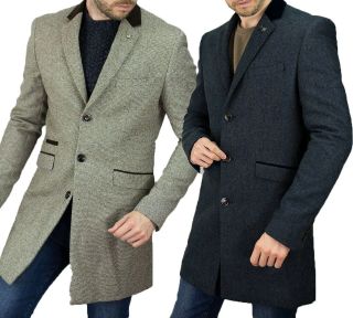 Mens Tweed Herringbone Peaky Blinders Vintage Long Overcoat Trench Coat Jacket
