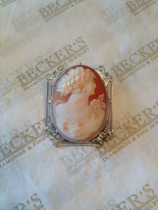Art Deco 14k White Gold Finely Carved Shell Cameo Filigree Pin Pendant