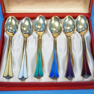 6 Vintage David Andersen Guilloche Spoons 925 Sterling Silver Multicolor