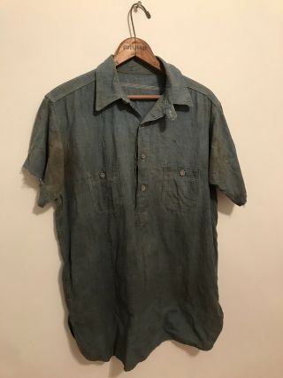 Chin Strap Chambray Pullover Work Shirt Selvedge Denim Railroad Workwear Antique