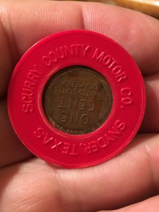 Vintage Encased Coin Us Cent Lucky Penny Token Snyder Tx Scurry Motor Plastic
