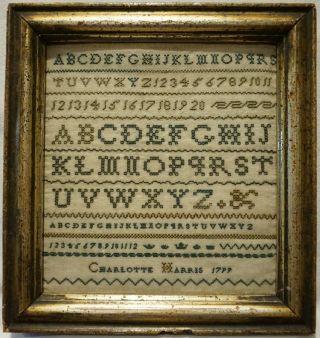 Very Small Late 18th Century Alphabet & Crowns Sampler By Charlotte Harris 1799