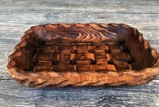 Vintage Hand Carved Solid Wood One - Piece Woven Wooden Bread Basket