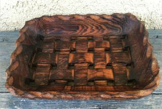 VINTAGE HAND CARVED SOLID WOOD ONE - PIECE WOVEN WOODEN BREAD BASKET 2