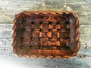 VINTAGE HAND CARVED SOLID WOOD ONE - PIECE WOVEN WOODEN BREAD BASKET 3