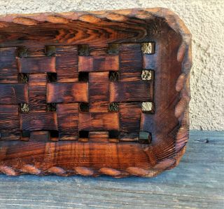 VINTAGE HAND CARVED SOLID WOOD ONE - PIECE WOVEN WOODEN BREAD BASKET 5