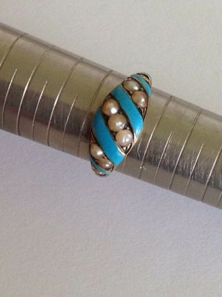 Victorian 15ct Gold Turquoise Enamel & Seed Pearl Set Ring