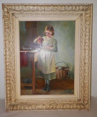 Vintage B Alba 1983 Framed Oil Painting Girl Pouring Cream Cat Kitten In Basket
