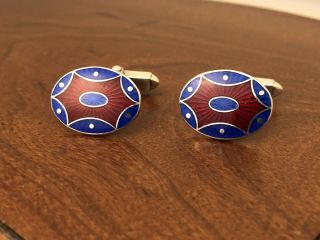Deakin And Francis Heavy Sterling Silver Red And Blue Enamel Cufflinks