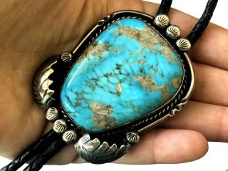 Vintage Sterling Silver Signed Sandoval Large Turquoise Navajo Bolo Tie Patina