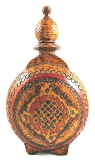 Vintage Wooden Canteen Vessel Bottle Folk Art Hand Made With Pyrography Red Vtg