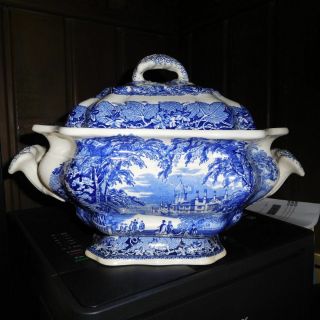 Large Vintage Vista Blue Soup Tureen By Masons England Rare