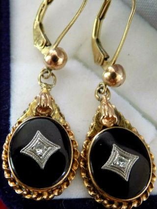 Antique 14k Old Mine Cut Diamond & Black Onyx Victorian Era 1911 Dangle Earrings