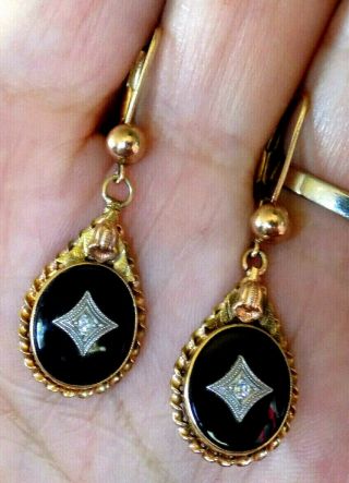 ANTIQUE 14K OLD MINE CUT DIAMOND & BLACK ONYX VICTORIAN ERA 1911 DANGLE EARRINGS 2