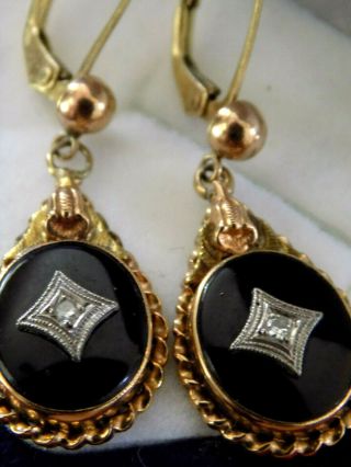 ANTIQUE 14K OLD MINE CUT DIAMOND & BLACK ONYX VICTORIAN ERA 1911 DANGLE EARRINGS 3
