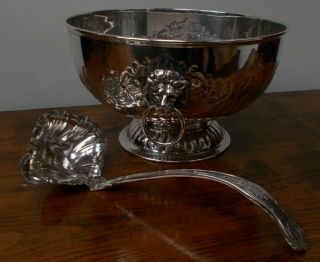 Large Antique A1 Silver Plate Punch Bowl Wine Cooler Lion Ladle Kings Pattern