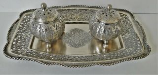 Antique Pair Persian 875 Silver Salt Pepper Shakers On Tray Figural 1890 364 Gr.