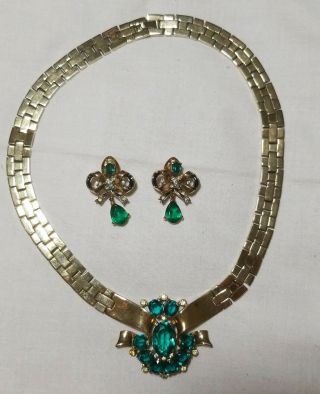 Vintage Crown Trifari Gold Emeral Green Diamond Necklace Matching Earring Set