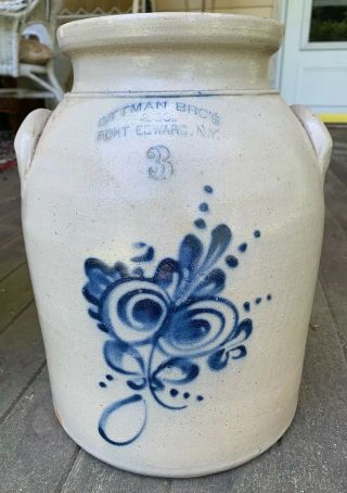 Antique 3 Gal Ottman Bros Fort Edward Ny Fancy Heart Stoneware Crock Salt Glaze