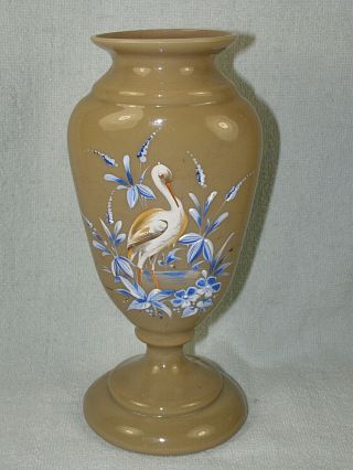 Antique Dark Custard Glass Vase - Hand Painted Enamel Stork And Water Flowers