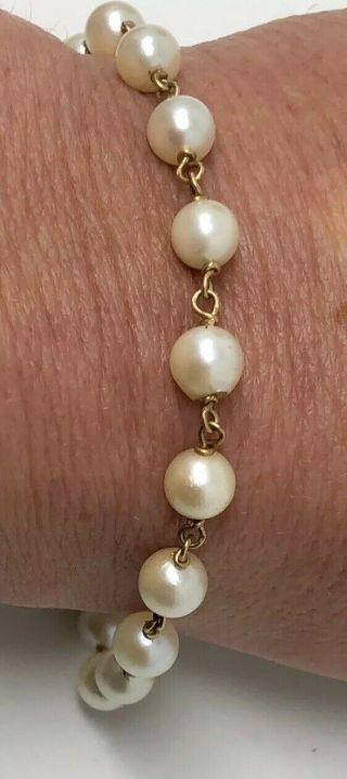 Vintage Art Deco 14k Gold 6mm Cultured Pearl Link Bracelet 7.  25 "