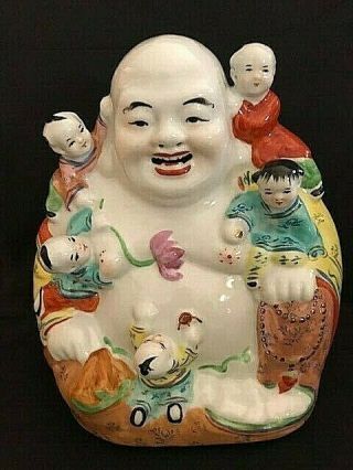 Vintage Large Chinese Laughing Buddha W/5 Children Porcelain Stamped & Numbered