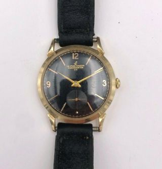 Vtg Ulysse Nardin Black Dial Mens 14k Gold Chronometer Wristwatch W/leather Band