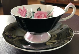 Queen Anne Bone China Cup & Saucer Pink Rose Black Saucer