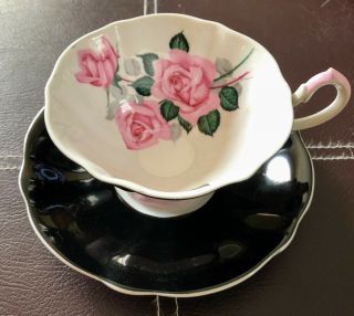 Queen Anne Bone China Cup & Saucer Pink Rose Black Saucer 2