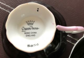 Queen Anne Bone China Cup & Saucer Pink Rose Black Saucer 3