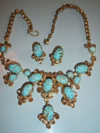 Vtg Uns Hobe Speckled Turquoise Rhinestone Necklace Earring Set Demi Parure