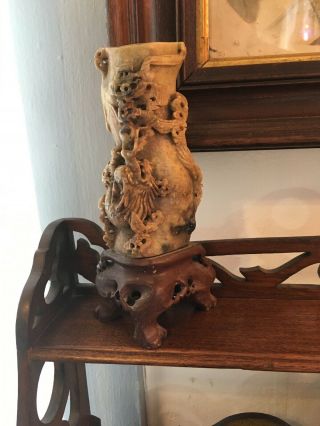 Antique Chinese Soapstone Vase Relief Carving With Dragon Figure - 7” Tall