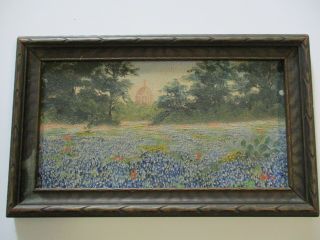 Antique 1910 Painting Texas Capitol Landscape Blue Bonnet Blooming Flowers Old