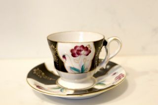 Tea Cup And Saucer Shafford,  Japan Black And White Floral