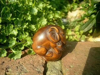 Hand Carved Wood Netsuke Elephant Upon Ball,  Collectable Boxwood Figurine Netsky