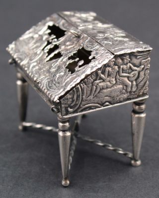 Miniature Antique Dutch Silver Repousse Scenic Animal Slant Front Secretary Desk