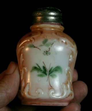Scarce Antique Scrolled Spray Salt Shaker - Floral Decoration W/ Amber Stain