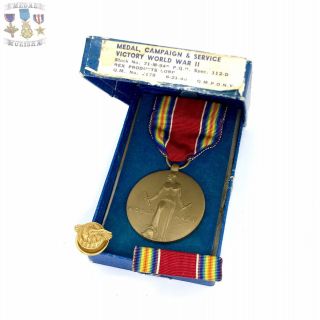Wwii Us Victory Medal Ribbon Bar Honorable Discharge Lapel Pin Rex Products Box