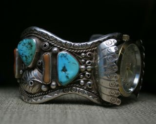 Huge Vintage Native American Navajo Sterling Turquoise Coral Watch Bracelet