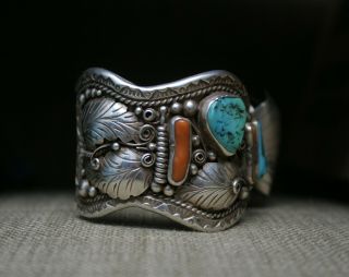 Huge Vintage Native American Navajo Sterling Turquoise Coral Watch Bracelet 2