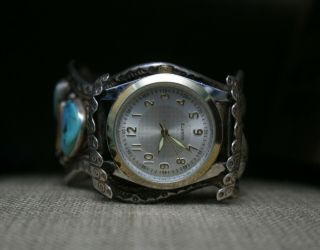 Huge Vintage Native American Navajo Sterling Turquoise Coral Watch Bracelet 6