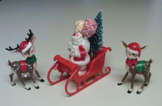 Vintage Plastic Santa And Sleigh Lollipop Holder Candy Container Plus Deer