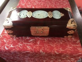 Vintage Chinese Jewellery Box / Chest - With Brass Accents And Jade Inlay