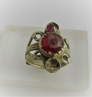 Circa 1702 - 1714 Ad Queen Anne Period Silvered Ring With Red Gems