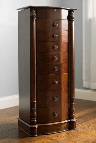 Standing Jewelry Armoire Rich Antique Walnut Finish Fully Assembled Cabinet